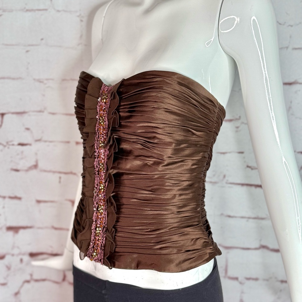 KAY UNGER Brown Ruched 100% Silk Bustier Corset Embellished Ruffle Size 4 - Picture 14 of 16